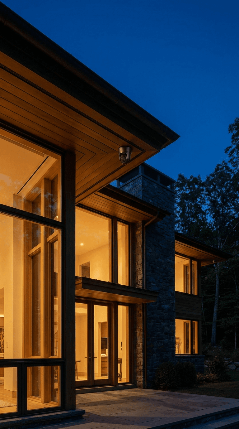 A Connecticut home at blue hour with warm window light